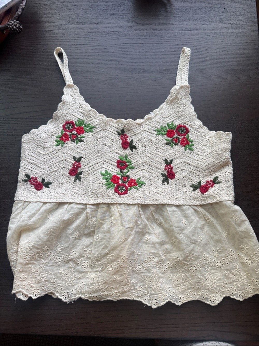 Cream Crochet Camisole with Red Floral Embroidery